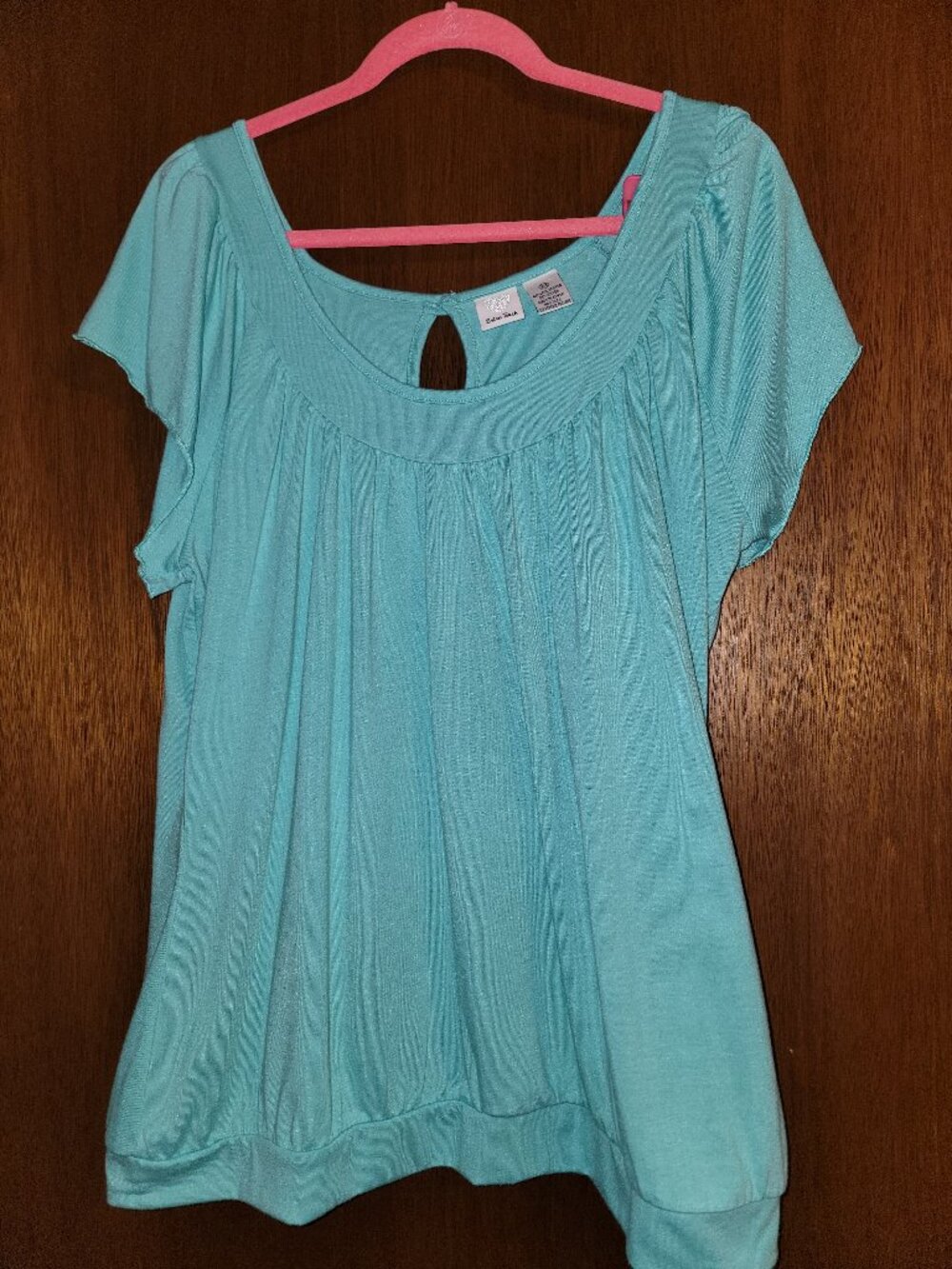 Extra Touch Turquoise Blue Short Flutter Sleeve 2x Shirt Banded Bottom Keyhole